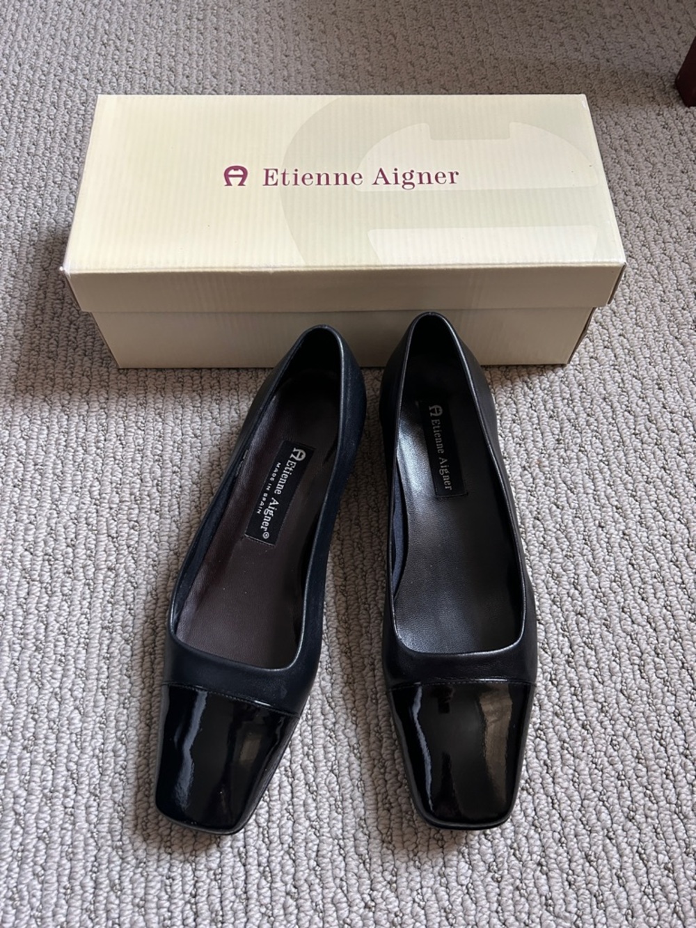Etienne Aigner Black Patent Leather Square Toe Flats